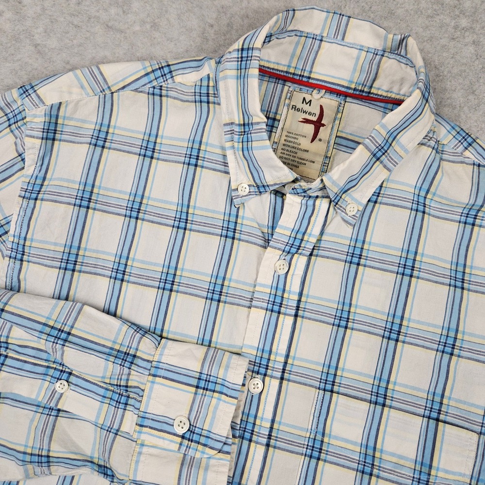 Relwen (Men's Medium) White Blue Plaid Button Up Shirt Long Sleeve Lightweight